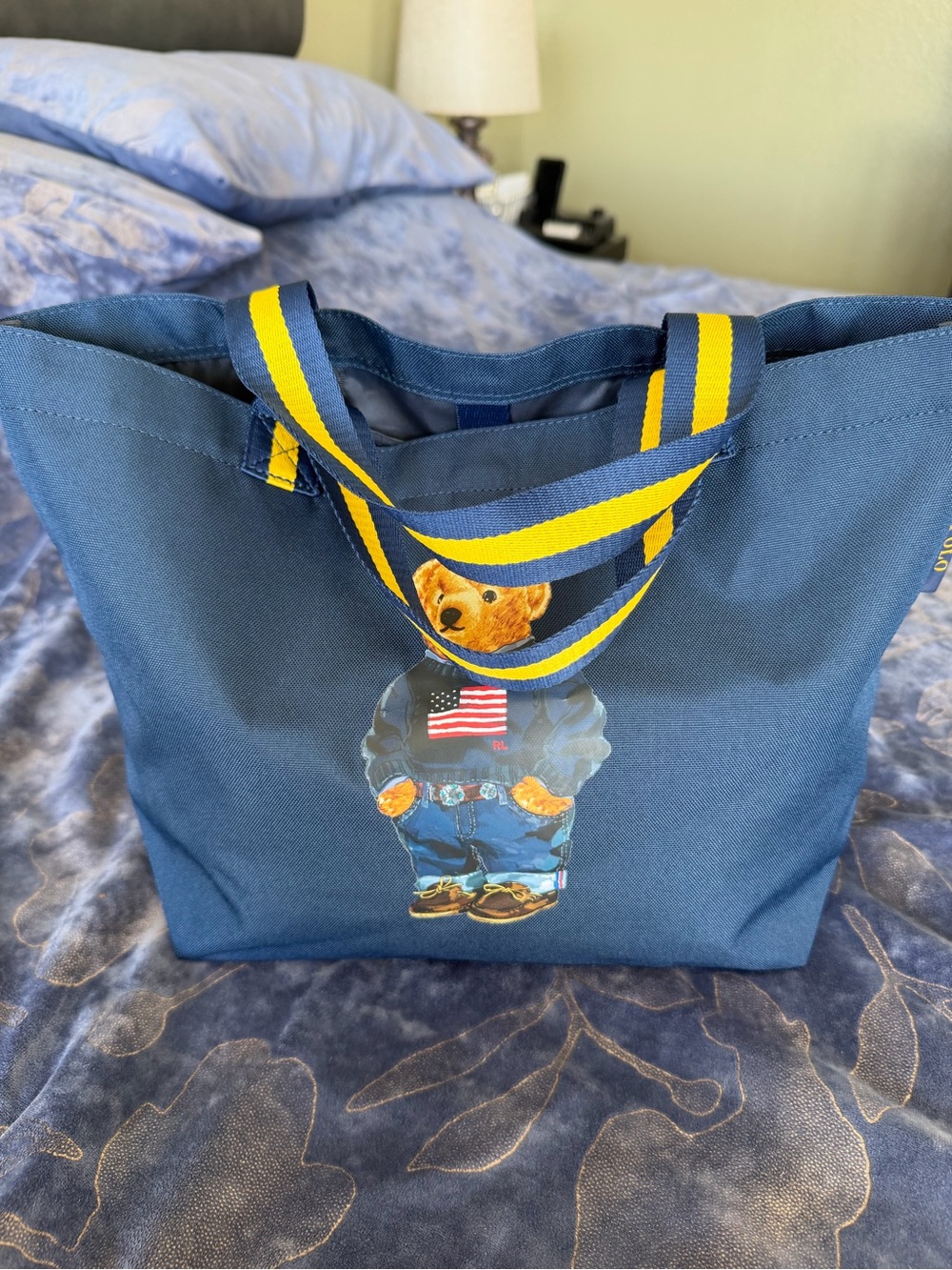 Polo by Ralph Lauren Navy Tote with Yellow-Striped Handles and Bear Graphic - Picture 13 of 16